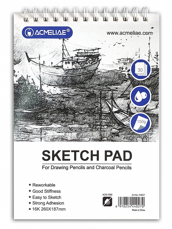 Скетчбук для рисования и графики Acmeliae 16K 260х187 мм 30 л 150 г, для карандашей и угля 606x758