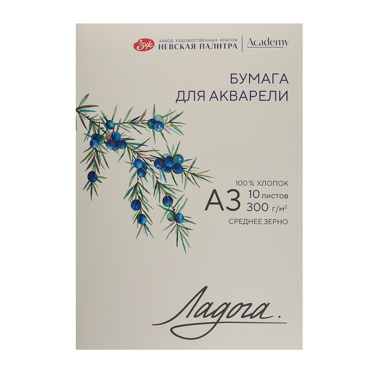 Папка с бумагой для акварели "Ладога" А3 10 л 300 г, 100% хлопок, среднее зерно 606x758