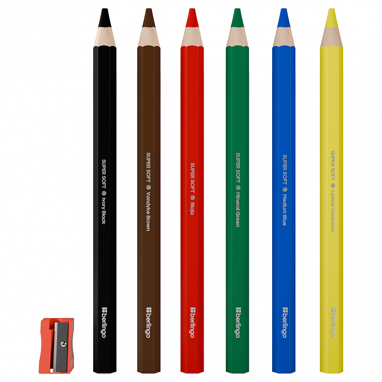 Набор карандашей цветные утолщенные Berlingo "SuperSoft. Jumbo", 6 цв., шестигранные, заточ., европ.