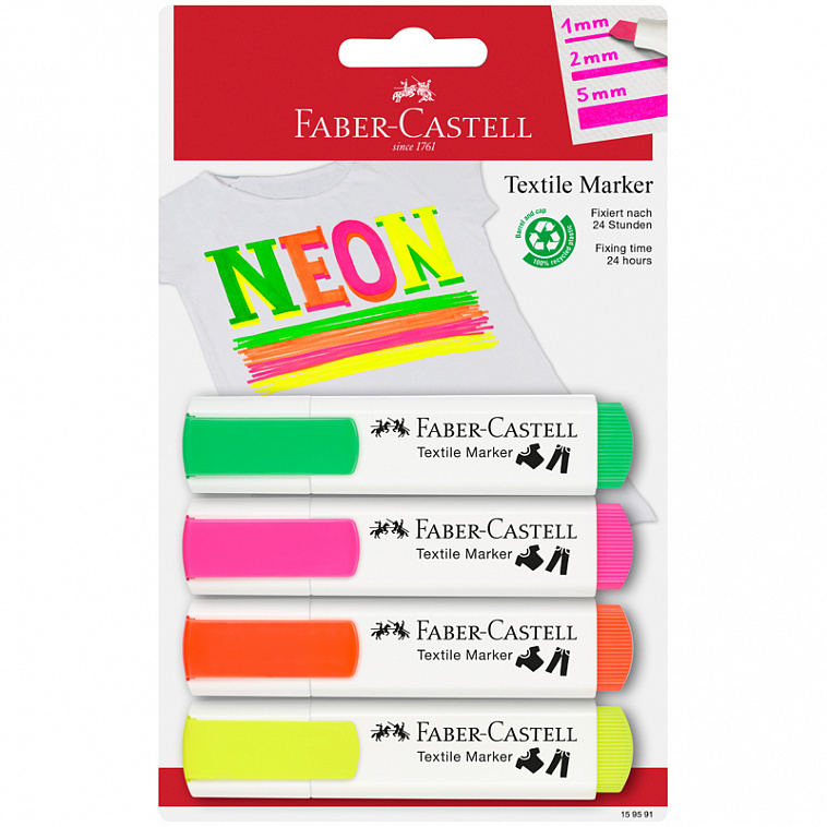 Набор перманентных маркеров для ткани Faber-Castell "Textile Neon", 4цв., 1-5 мм, блистер