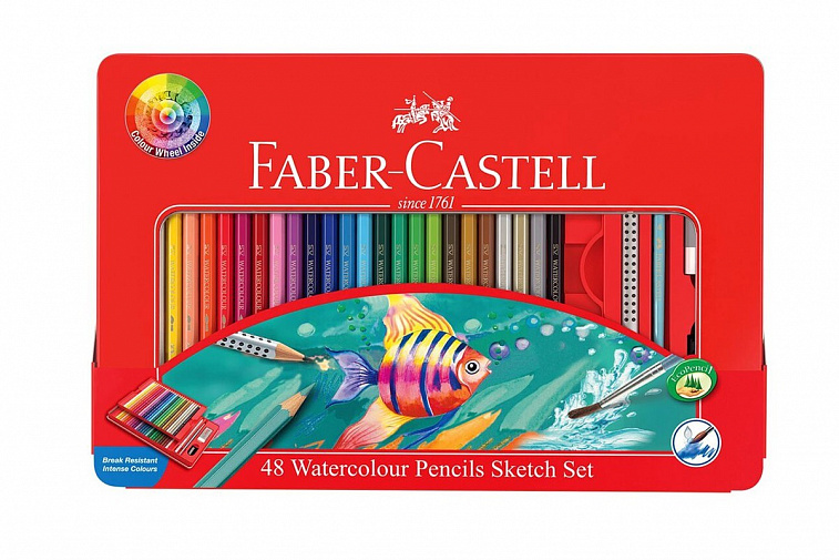 Набор цветных карандашей акварельных, подарочный Faber-castell 48 цв в металлической коробке с окошком