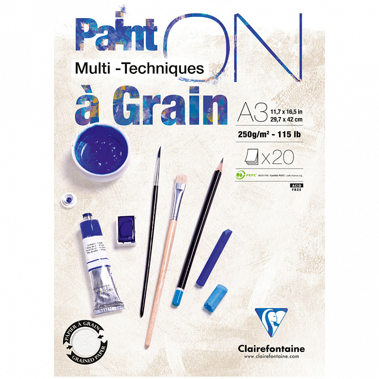 Альбом-склейка для смешанных техник Clairefontaine "Paint'On with grain" А3 20 л 250 г, экстра-белый