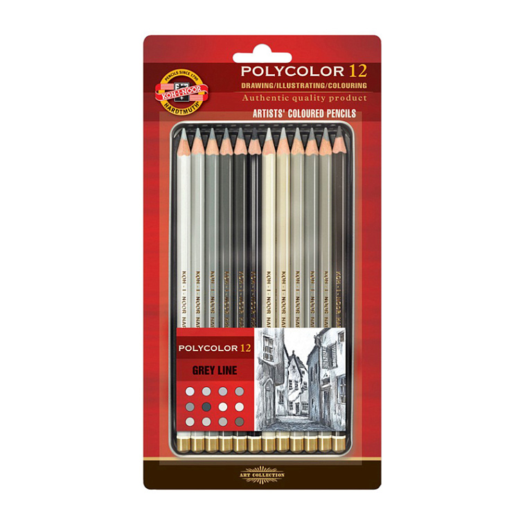 Набор карандашей цветные Koh-I-Noor "Polycolor Grey Line", 12 цв., заточен., металл. пенал, блистер 606x758