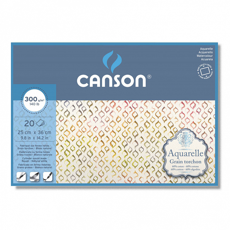 Альбом-склейка для акварели Canson "AQUARELL" Rough Торшон 25X36 см 20 л 300 г, 60% хл, склейка по 4 606x758