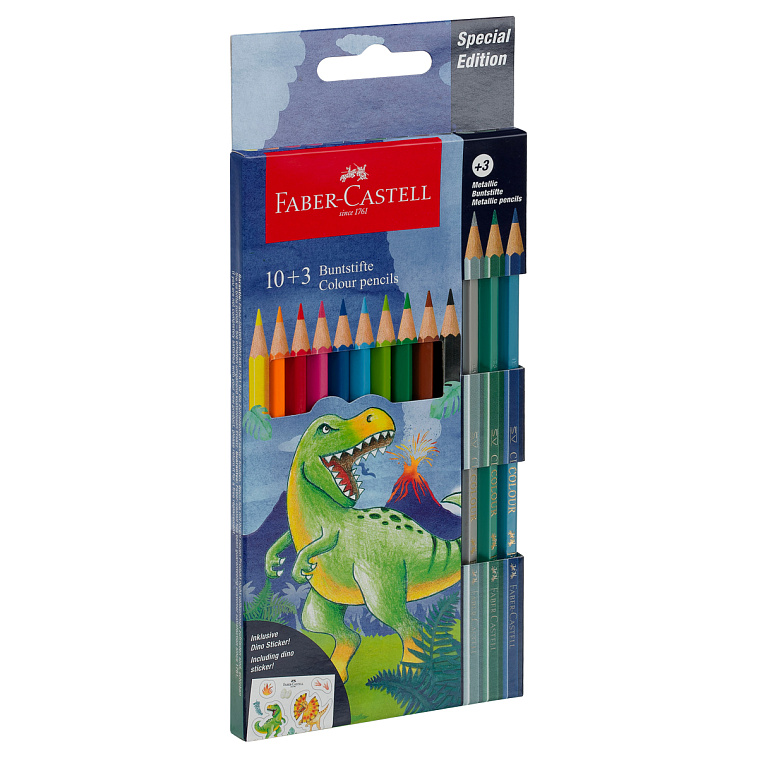 Набор карандашей цветные Faber-Castell "Dinosaur", 10 цв. + 3 цв. металл. + наклейки, заточен., карт 606x758