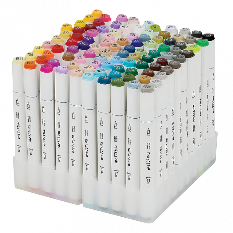 Набор двусторонних маркеров для скетчинга MESHU основные цвета 100 цв, текстильный чехол на молнии