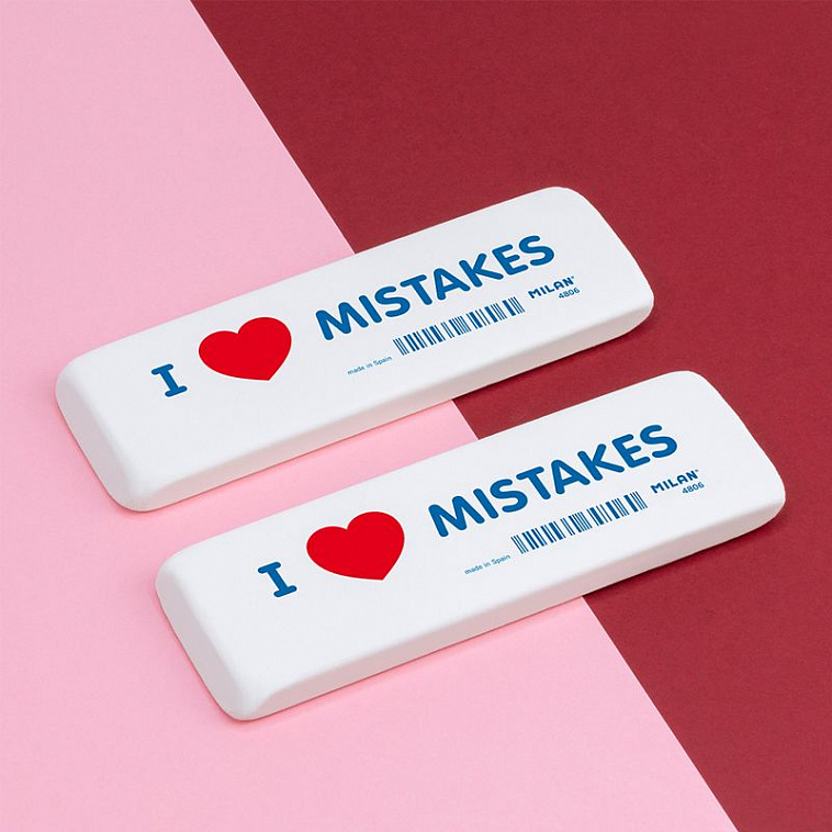 Ластик Milan I Love Mistakes скошенный, гибкий, синтет.каучук 14*4,4*0,9 см в индивид.упак.
