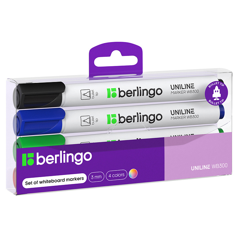 Набор маркеров для белых досок Berlingo "Uniline WB300" 4 цв., пулевидный, 3 мм, PET 606x758