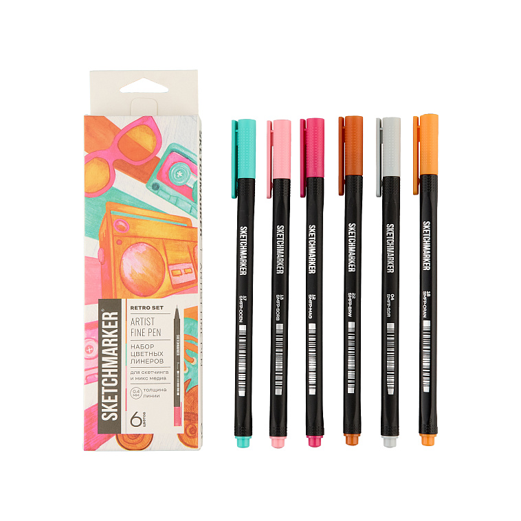 Набор цветных линеров Sketchmarker "Artist Fine Pen" Retro 6 цветов в картонной упаковке 606x758