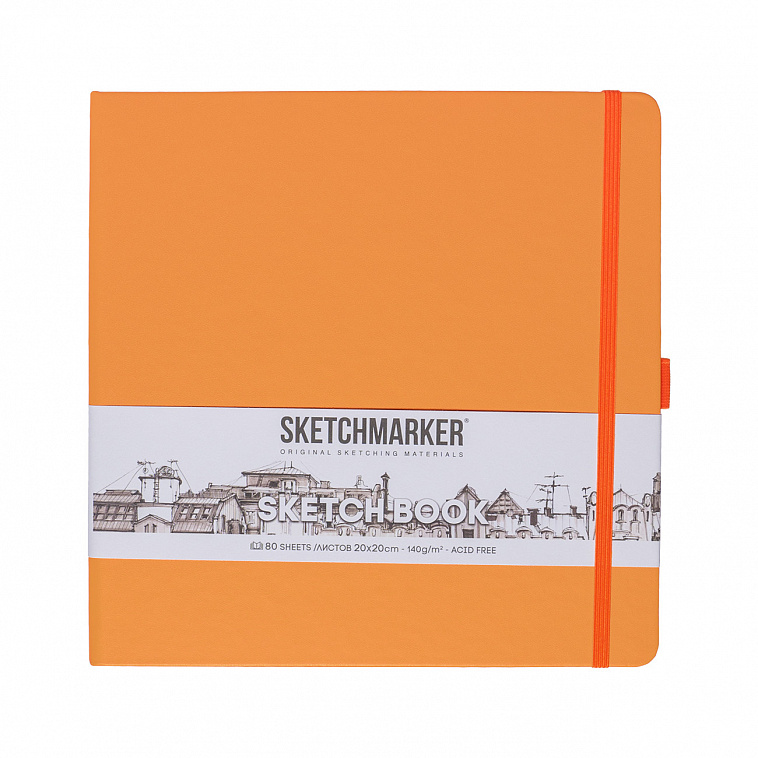 Блокнот для зарисовок Sketchmarker 20*20 cм 80 л 140 г, твердая обложка Оранжевый неон 606x758