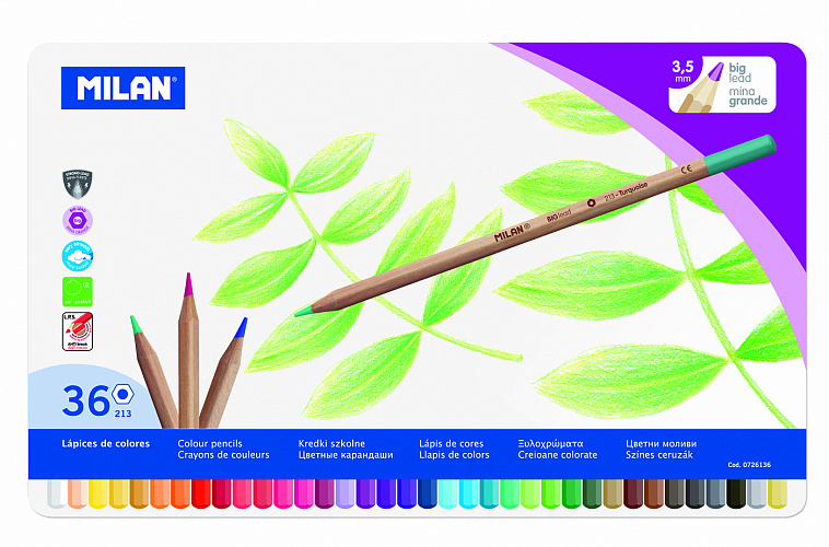 Набор цветных карандашей MILAN 36 цв, грифель 3.5 мм, в металлической упаковке