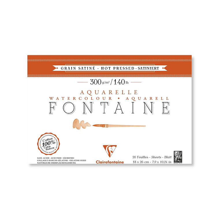 Блок-склейка бумаги для акварели Clairefontaine "FONTAINE" 18х26 см 20 л 300 г, 100% хлопок, гор. пр 606x758