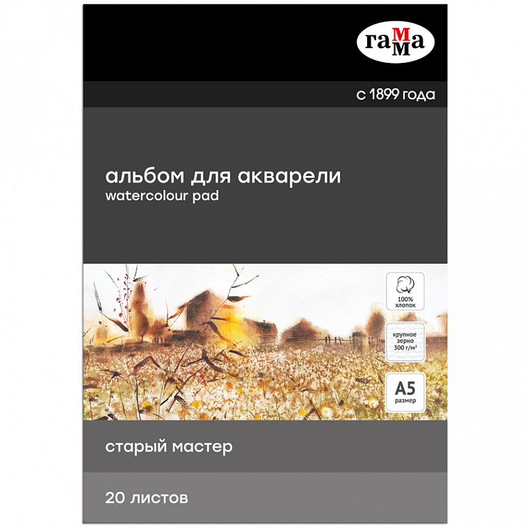 Альбом-склейка для акварелие Гамма "Старый Мастер" А5 20л 300г крупное зерно 100% хлопок 606x758
