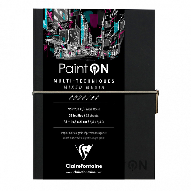 Скетчбук для смешанных техник Clairefontaine "Paint'ON" А5 32 л 250 г, легкое зерно, черный, кожзам 606x758
