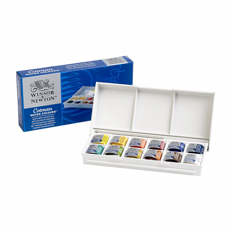 ▲Набор акварели Winsor&Newton "Cotman" 12 мал кювет + кисть в пластик. кор 