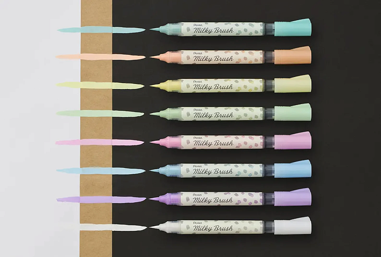 Маркер-кисть Pentel "Milky" 1-10 мм, с кнопкой подкачки чернил в блистере 606x758