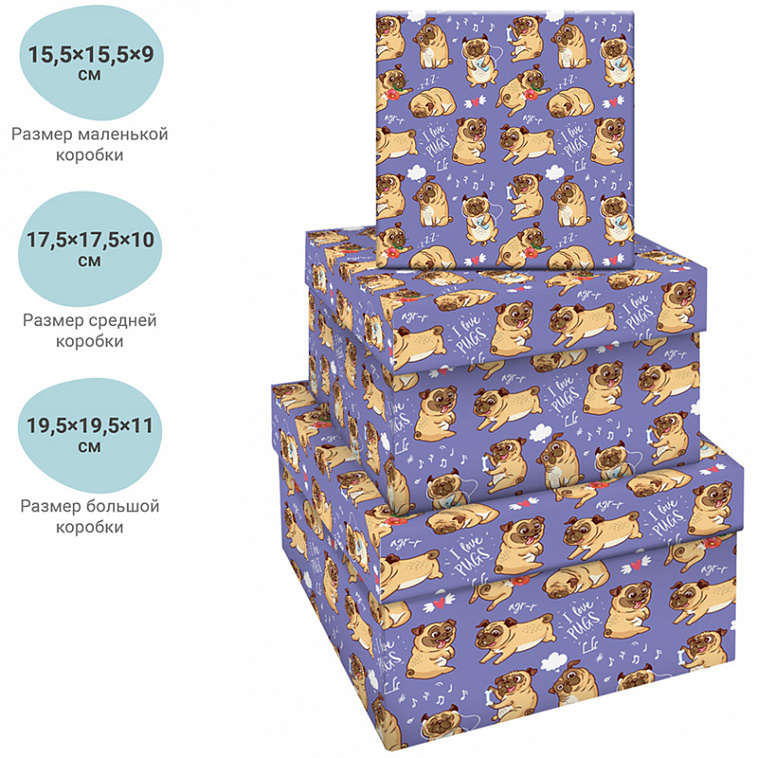 Набор квадратных коробок 3в1, MESHU "Pugs", (19,5*19,5*11-15,5*15,5*9см) 606x758