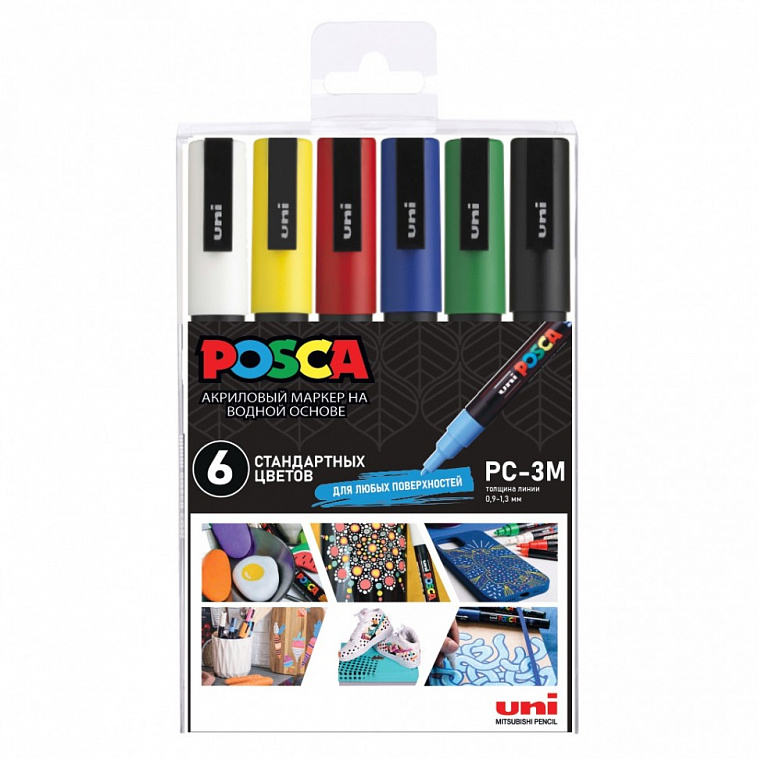 Набор маркеров UNI POSCA PC-3M "Стандартные цвета" 6 шт 0,9-1,3 мм, в пластиковой упаковке