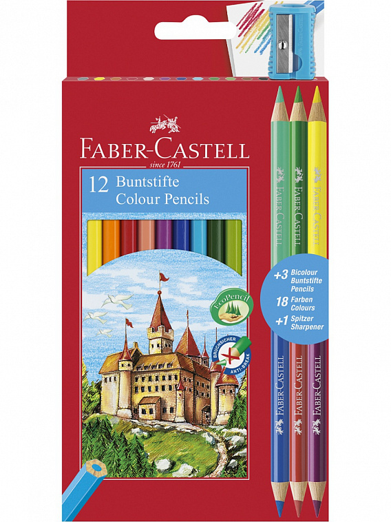 Набор карандашей цветных Faber-castell "Замок" 12 цв+ 3 двухцв. кар.+ точилка, в картоне