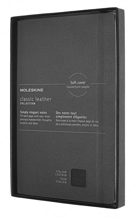 Блокнот в линейку Moleskine "Le Leather" Large 13x21 см 192 стр., обложка мягкая натур. кожа черная 606x758