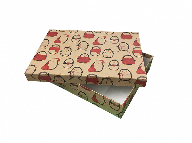 Коробка картонная, прямоугольная 31х22х6 см Новый год "Пингвины в теплом"