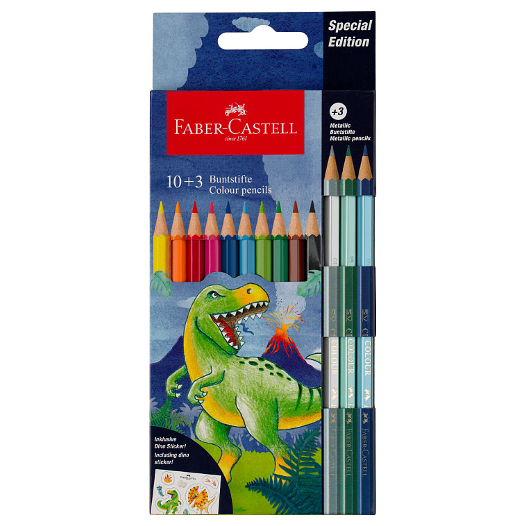 Набор карандашей цветные Faber-Castell "Dinosaur", 10 цв. + 3 цв. металл. + наклейки, заточен., карт 606x758