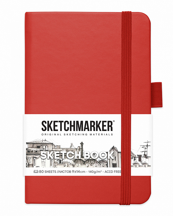 Блокнот для зарисовок Sketchmarker 9х14 см 80 л 140 г, твердая обложка Красный 606x758