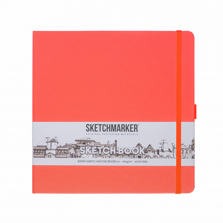 Блокнот для зарисовок Sketchmarker 20*20 cм 80 л 140 г, твердая обложка Неоновый коралл 606x758