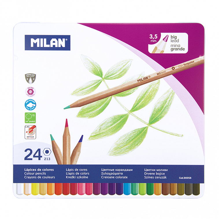 Набор цветных карандашей MILAN 24 цв, грифель 3.5 мм, в металлической упаковке