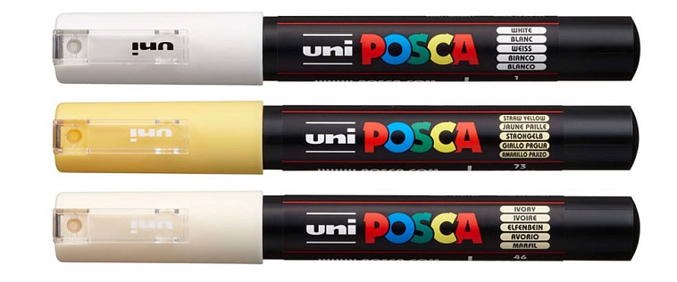 Набор маркеров POSCA PC-1M, 3 шт, белый/слоновая кость/соломенно-желтый, в блистере 606x758
