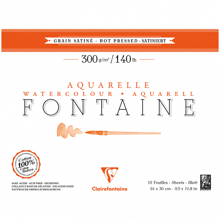 Альбом-склейка для акварели Clairefontaine "Fontaine Grain satiné" Сатин 24х30 см 12 л 300 г, горяч. 606x758