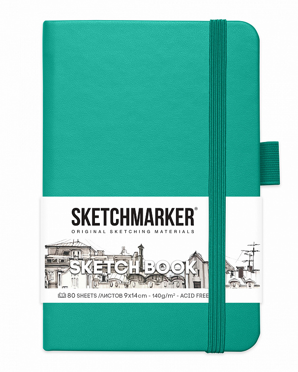 Блокнот для зарисовок Sketchmarker 9х14 см 80 л 140 г, твердая обложка Изумрудный 606x758