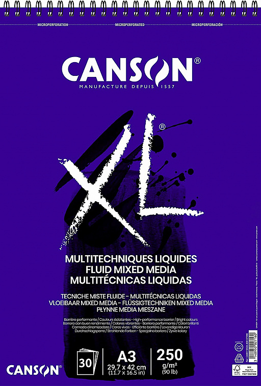 Альбом на спирали для смешанных техник Canson "XL Fluid Mix Media" 29,7x42 см 30 л 250 г