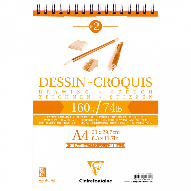 Блокнот для эскизов на спирали Clairefontaine "Dessin Croguis" А4 35 л 160 г 606x758