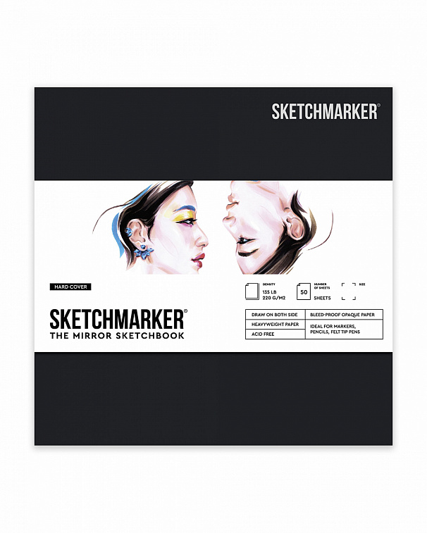 Скетчбук SKETCHMARKER "THE MIRROR" квадрат., 50 л 220 г, твердая обложка черная