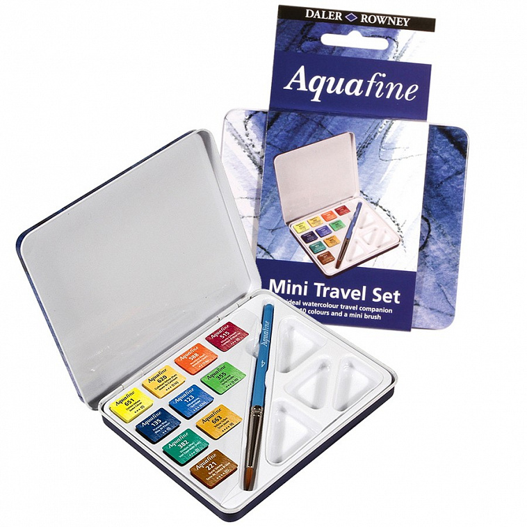 Набор акварели дорожный Daler-Rowney "AQUAFINE" 10 цв. в кюветах, 1 кисть, 1 палитры, в металле 