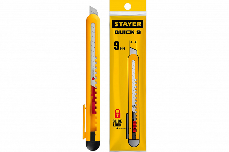 Нож из АБС пластика Stayer QUICK-9, сегмент. лезвия 9 мм 606x758