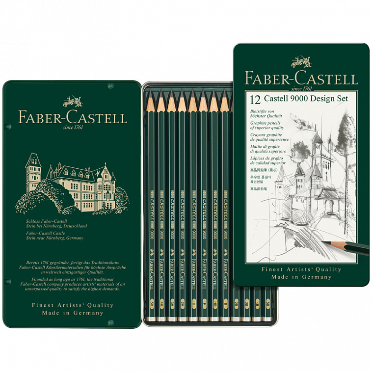 Набор карандашей чернографитных Faber-castell "CASTELL-9000" 12 шт (5B-5H) в металл коробке  