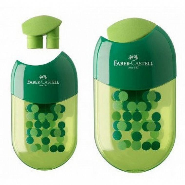 Точилка Faber-Castell "Two Tone" 2 отверстия, пластиковая с ластиком, контейнер, светло-зелен/зелен.
