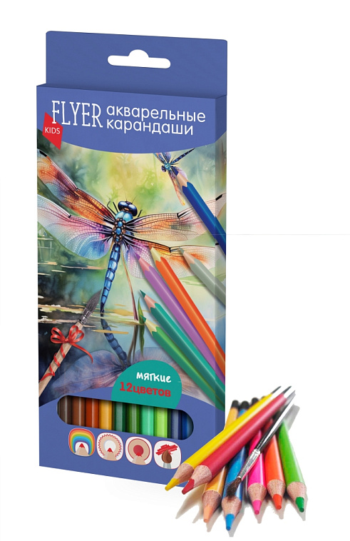 Набор карандашей акварельных FLYER "СТРЕКОЗЫ" + кисточка, круглая форма, толщина грифеля 3 мм 606x758