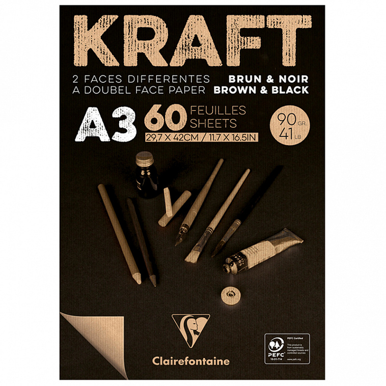 Блокнот-склейка  Clairefontaine "Kraft" А3 60 л 90 г, верже, черный/крафт
