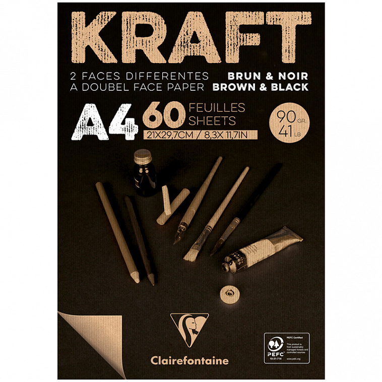 Скетчбук - блокнот на склейке Clairefontaine "Kraft" А4 60 л 90 г, верже, черный/крафт