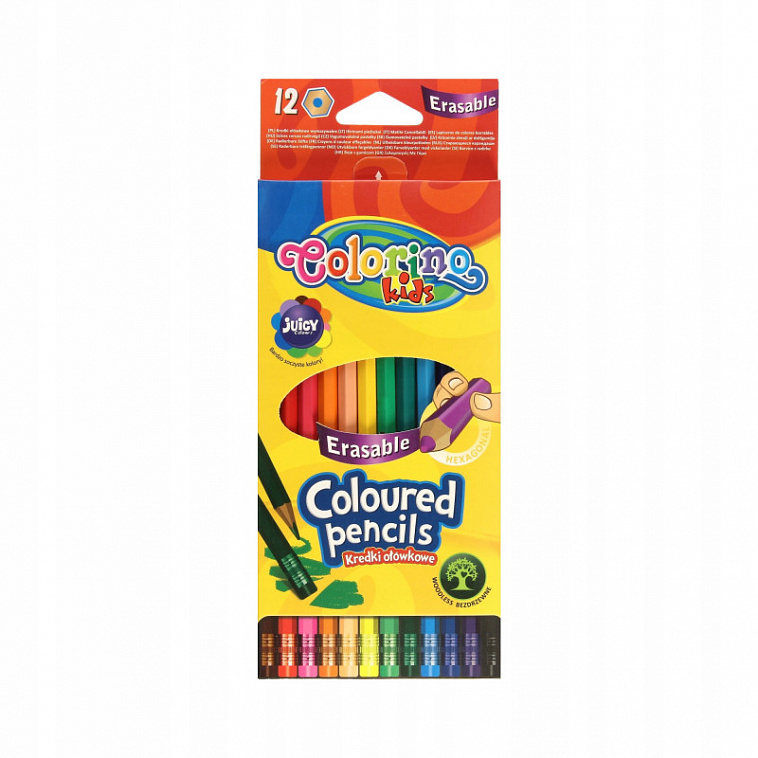 Набор карандашей цветных Colorino 12 цветов, стираемые, с ластиком