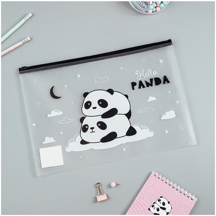 Папка-конверт на молнии MeShu "Hello Panda", А4, 150 мкм, прозрачная с рисунком 606x758
