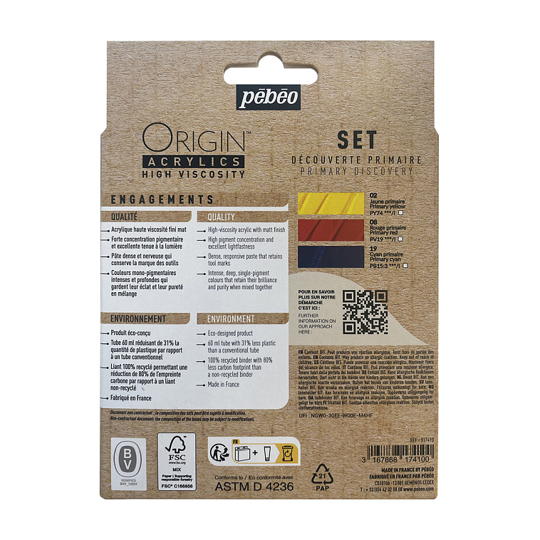 Набор акрила Pebeo "ORIGIN" Primary Discovery Set, матовый, 3 цв. х 60 мл 606x758