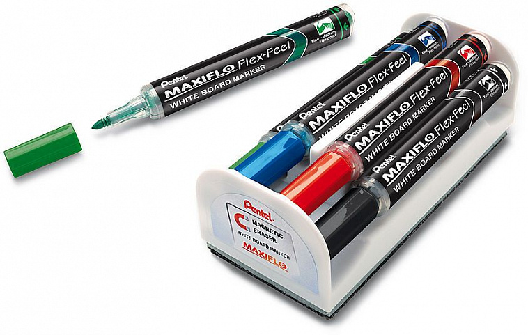 Набор маркеров для досок Pentel "Maxiflo Flex-Feel" 1-5 мм 4 шт, с магнитной губкой