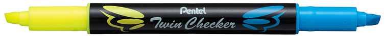 Текстовыделитель двухцветный Pentel "Twin Checker" 3,5 мм, перо скошенное, желтый-голубой 606x758