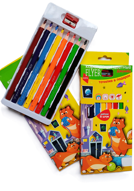 Набор карандашей цветных джумбо FLYER "КОТИКИ" 8 цветов, толщина грифеля 5 мм 606x758