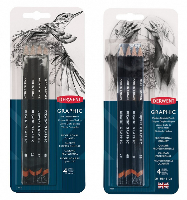 Набор карандашей чернографитных Derwent "Graphic Soft" и "Graphic Medium" 4 шт.