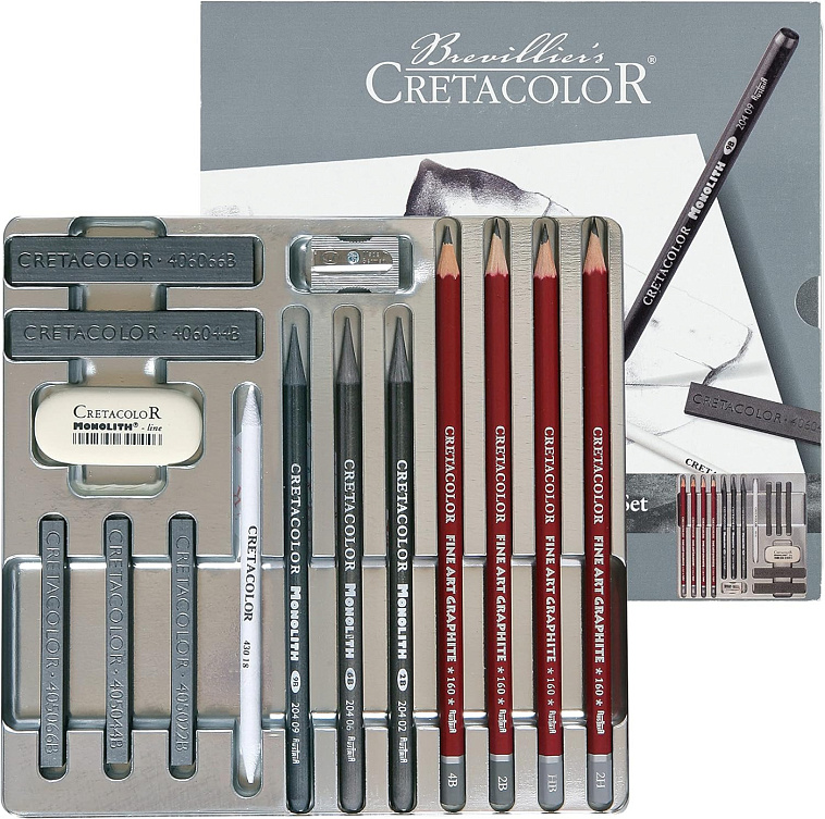 Набор художественный Cretacolor "SILVER  BOX" в металлической коробке 606x758